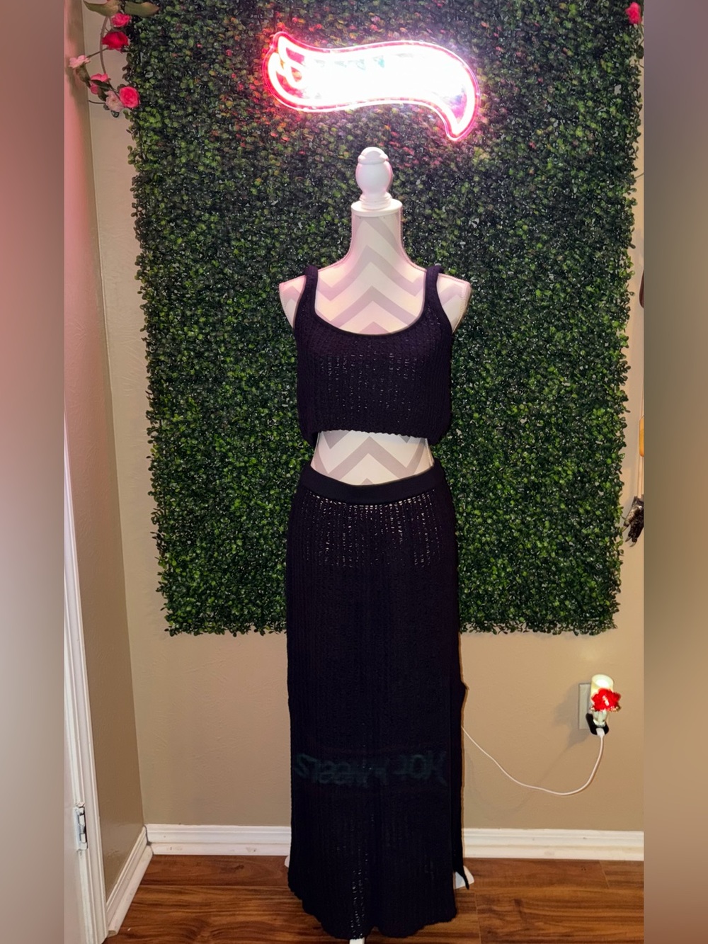Free People Beach Black Knit Maxi Skirt Set